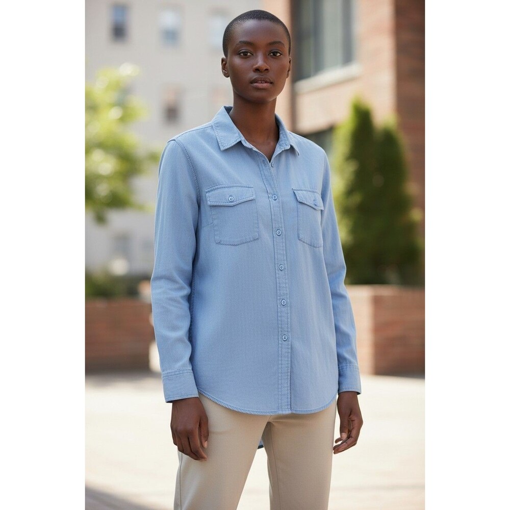 BDG Button Down Shirt M Blue Sheer Blouse Long Sleeves